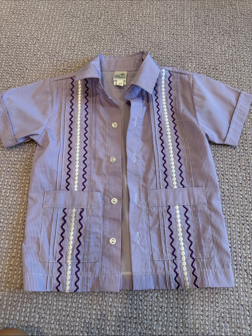 Kids Short-Sleeve Purple Embroidered Button-Down Guayabera